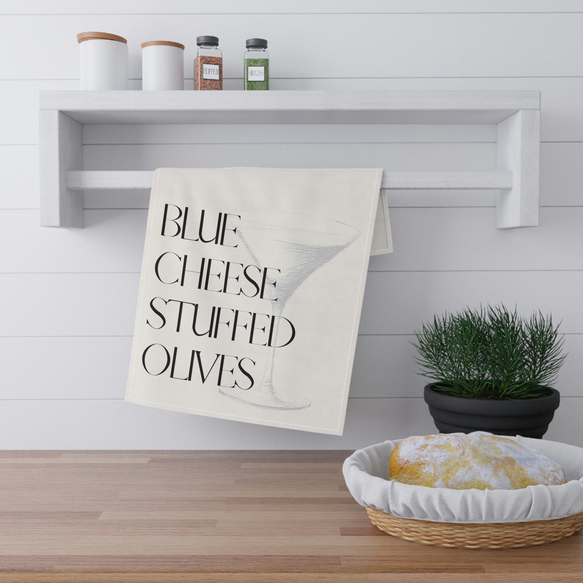 Dirty Martini Lover Kitchen Towel, Vodka Martini Dish Towel, Housewarming Cotton Kitchen Towel, Blue Cheese Stuffed Olives Martini Kitchen
