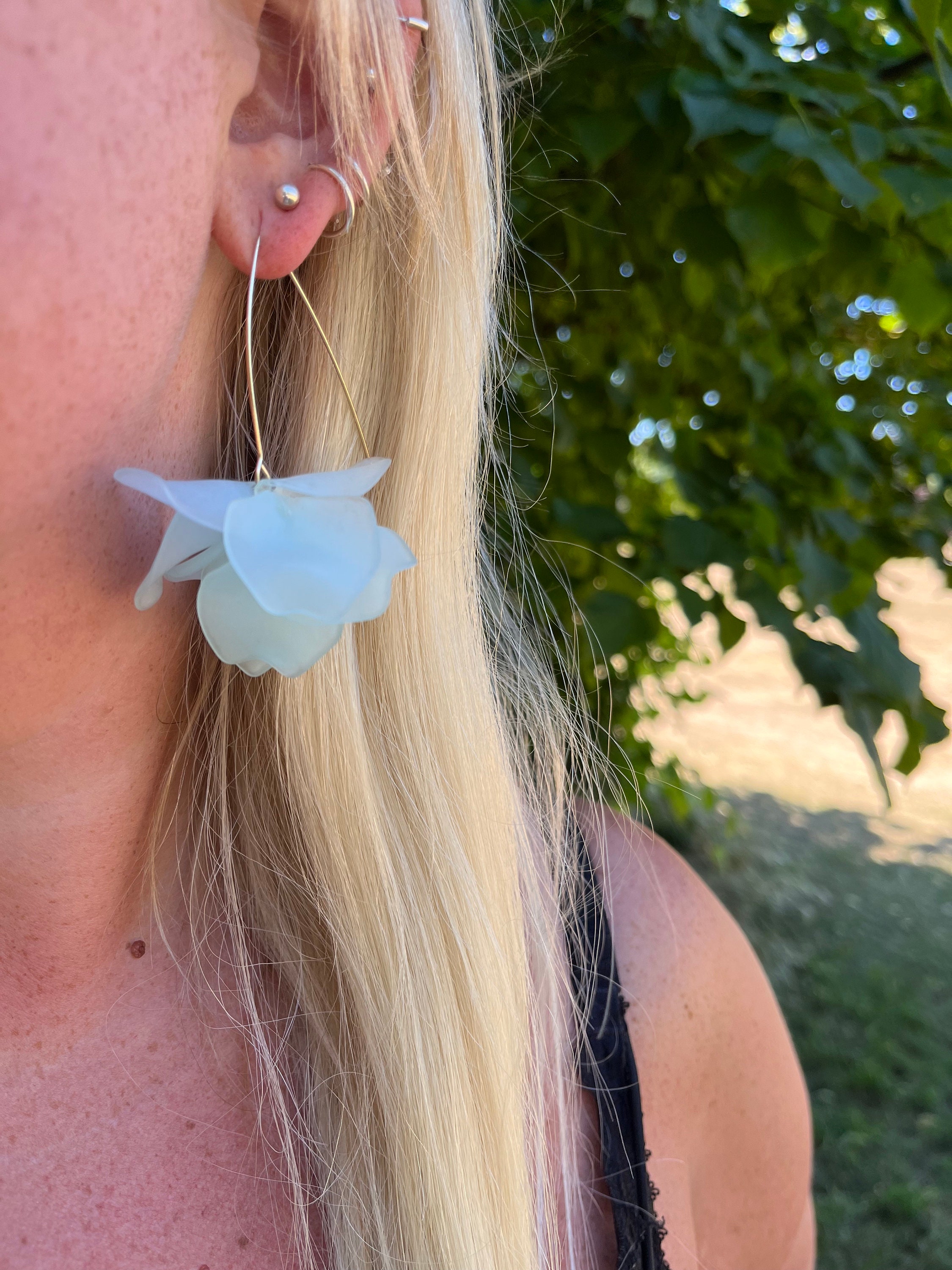 Ice Blue Petal Drop Hook Earrings - Statement Acrylic