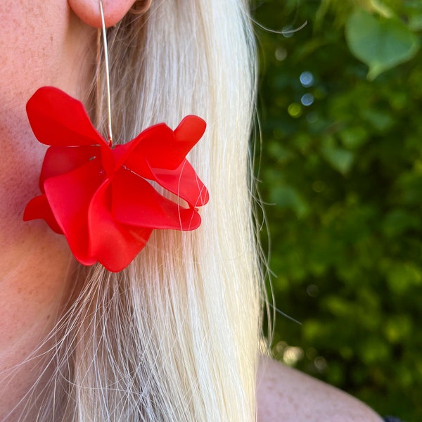 Scarlet Red Petal Drop Hook Earrings - Statement Acrylic Earrings with Gold Wire - Floral Jewellery | Gifts For Her, Friend & Valentines