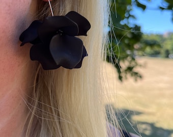 Ebony Black Petal Drop Hook Earrings - Statement Acrylic Earrings with Gold Wire - Floral Jewellery | Gifts For Her, Friend & Valentines