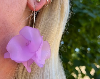 Crimson Purple Petal Drop Hook Earrings - Statement Acrylic Earrings with Gold Wire - Floral Jewellery | Gifts For Her, Friend & Valentines