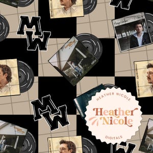 Może przedstawiać: Cyfrowy wzór z okładkami albumów, płytami winylowymi i inicjałami "MW" w czarno-białym wzorze. Wzór zawiera tekst "Morgan Wallen" i "Heather Nicole Digitals".