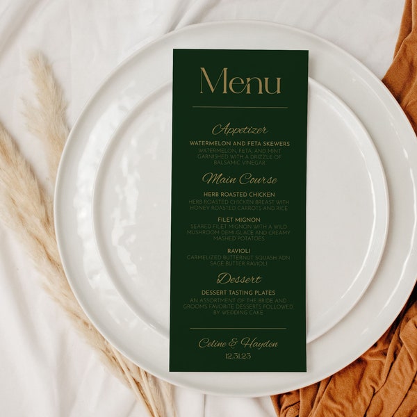 Custom Wedding Menu Template, Emerald Green Menu, Wedding Menu Cards, Minimalist Wedding Dinner Menu, Reception Dinner Menu, Winter Wedding