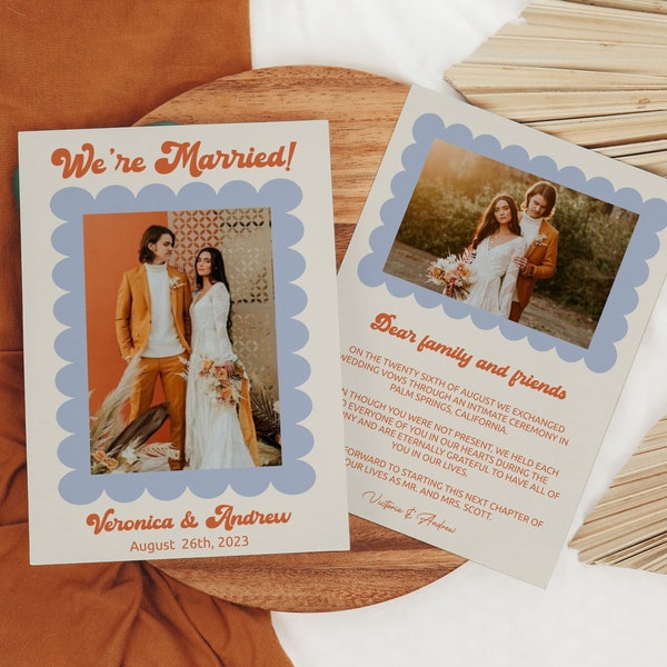 Retro Elopement Announcement Card Template, Printable Elopement Card, Retro Photo Invitation, Retro Boho wedding, Wedding Announcement Card