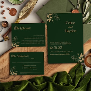 Emerald Green Wedding Invitation Suite, Digital Template, Emerald Green Wedding Stationary, Wedding invitation,Wedding RSVP and Details Card