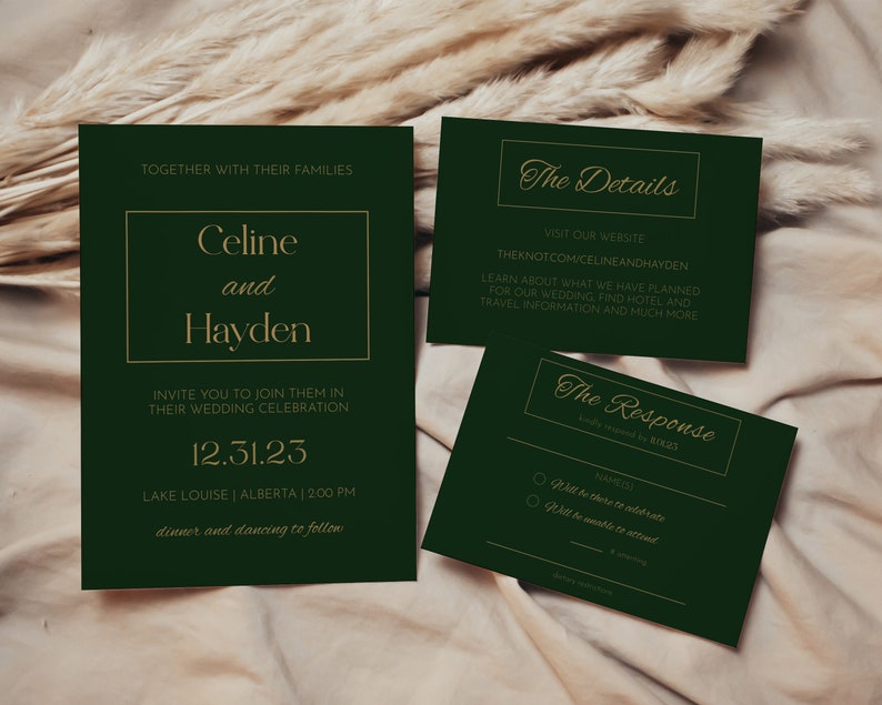 Emerald Green Wedding Invitation Suite, Digital Template, Emerald Green