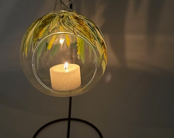 Glass Votive Tea Light Candle Holder, On A Stand, Australian Gum leaf Wattle Hand Painted, Unique Gift To Her, Shelf Decor, Tealight Burner