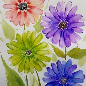 May include: Watercolour painting of four colourful flowers. The flowers are in shades of pink, purple, green, and blue, with dark centres. Green leaves and stems are also visible, all on a white background.