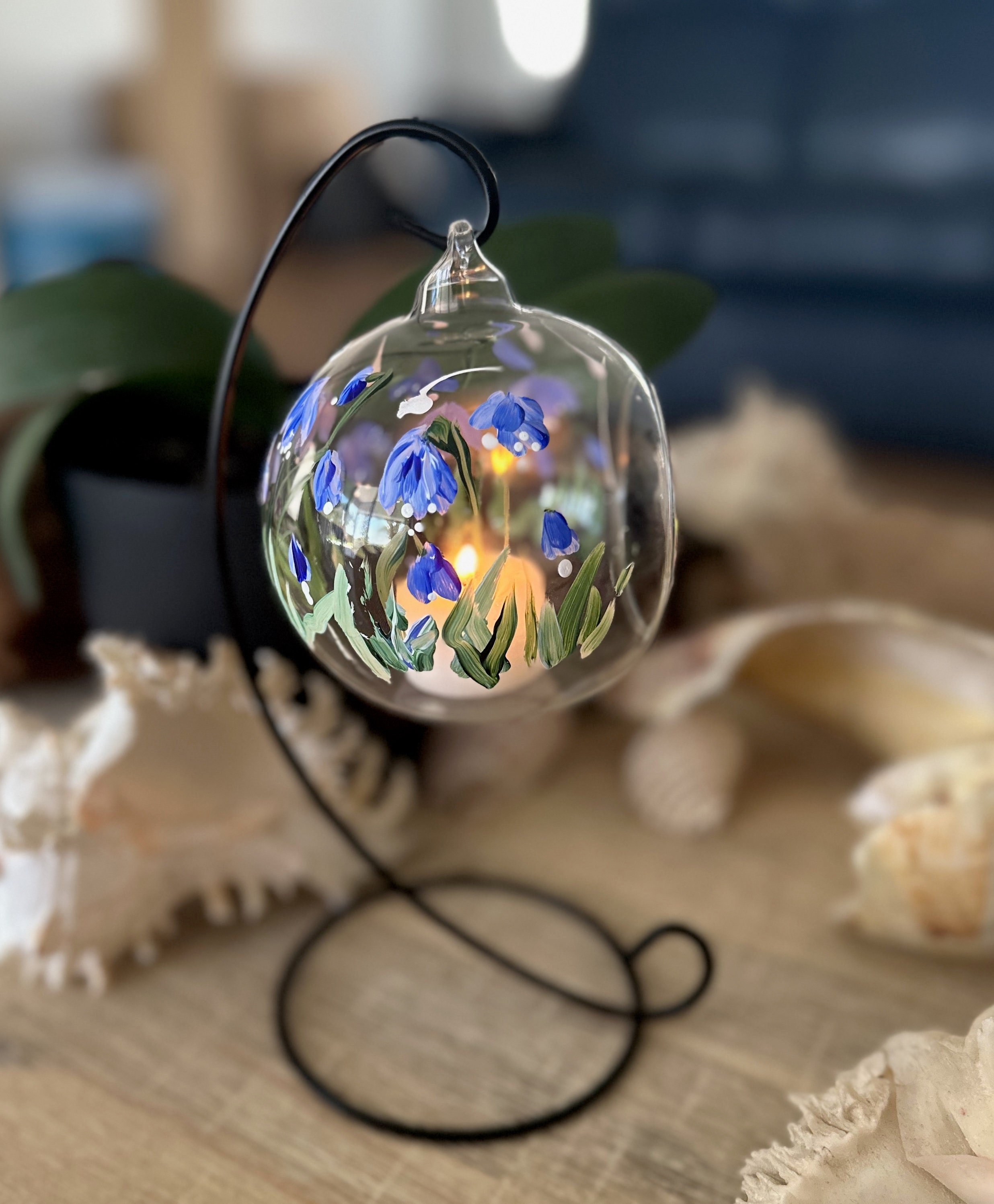 Glass Votive Tea Light Candle Lantern Holder On A Stand, Unique Gift To Her, Shelf Decor, Tea light Burner, Blue Bells Hand Painted