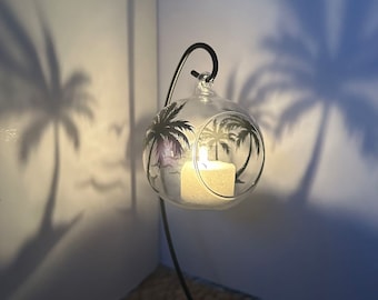 Glass Tea Light Candle Lantern Holder With Metal Stand - Shadow Casting -