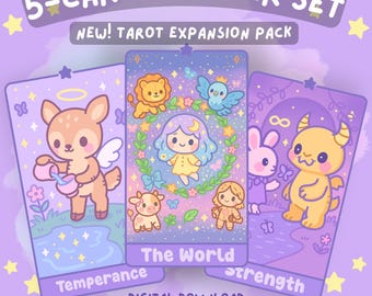 Pastel Kawaii Tarot Expansion Pack – 5 Plush-Style Hand-Drawn Cards (Digital Download)