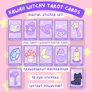 Cartas del Tarot de Brujas Kawaii – Set de pegatinas digitales para notas adhesivas / Pegatinas bonitas para agenda / Descarga digital PNG para Goodnotes y Scrapbooking