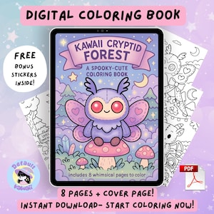 Puede incluir: Un libro para colorear digital titulado "Kawaii Cryptid Forest" se muestra en una tableta. La portada presenta una linda criatura morada con forma de polilla. La imagen incluye el texto "FREE BONUS STICKERS INSIDE!" y "8 PAGES + COVER PAGE!"
