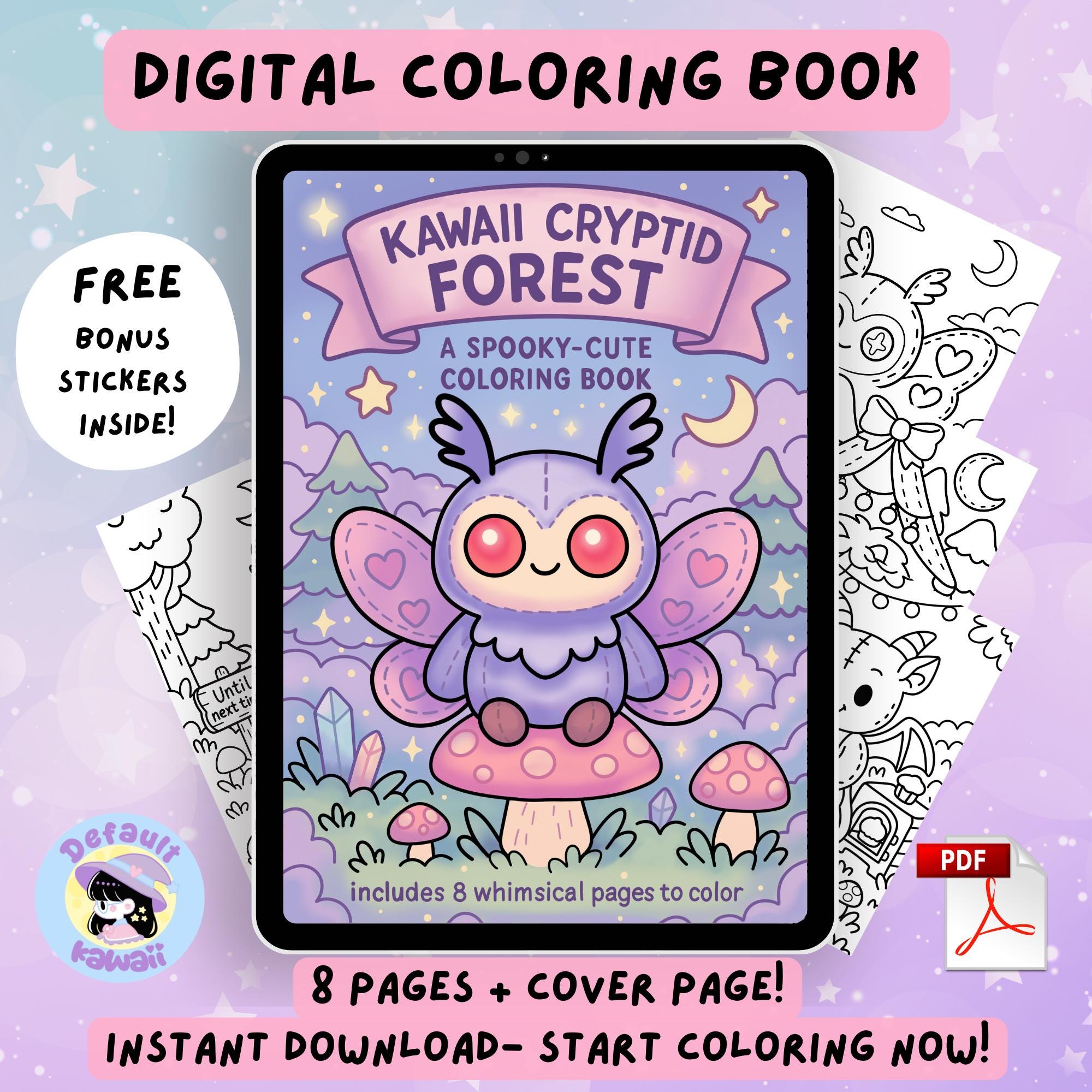 Kawaii Cryptid Printable Coloring Book PDF + PNG | Pastel Cute Monster Pages with Bonus Stickers