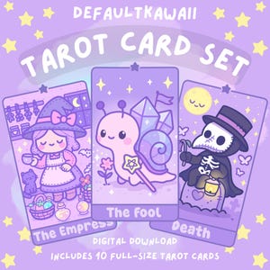 Printable Kawaii Tarot Cards – Hand-Drawn Witchy Deck (10 Digital Cards + PDF Guide) | Spooky Pastel Cottagecore Aesthetic