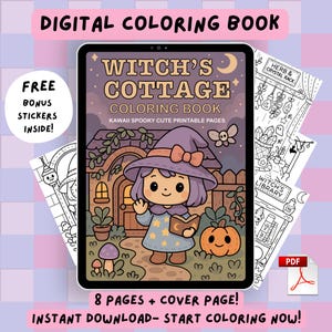 Op de afbeelding: Een digitaal kleurboek op een tablet, met een schattige heksenillustratie. De cover leest "Witch's Cottage Coloring Book". Extra pagina's en de tekst "Free Bonus Stickers Inside!" zijn ook zichtbaar. Het boek heeft 8 pagina's en een omslag.