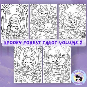 May include: A collection of five black and white coloring pages featuring whimsical forest scenes. Each page showcases adorable characters like an owl, cat, and bear, with tarot card themes. The text "SPOOKY FOREST TAROT VOLUME 2" is displayed.