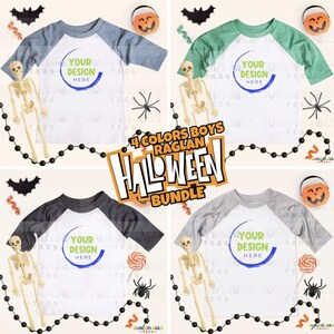May include: Four raglan-style Halloween shirts in blue, green, black, and gray. Each shirt has a white body with colored sleeves and the text "YOUR DESIGN HERE". Halloween decorations like skeletons, spiders, and candy corn surround the shirts.