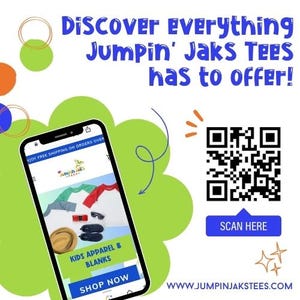 Op de afbeelding: Promotieafbeelding voor Jumpin' Jaks Tees, met een smartphone waarop de website met kinderkleding en blanco's wordt weergegeven. De afbeelding bevat een QR-code, de tekst "Discover Everything Jumpin' Jaks Tees has to offer!" en het websiteadres.
