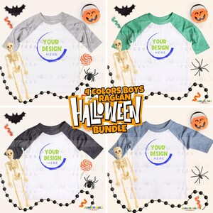 May include: A Halloween-themed bundle featuring four raglan shirts in gray, green, charcoal, and blue. Each shirt has white sleeves and a white body with the text "YOUR DESIGN HERE". The image includes Halloween decorations.