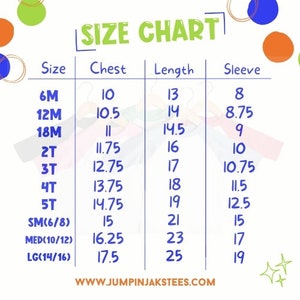 Op de afbeelding: Een maattabel voor kinderkleding, met afmetingen in inches. De tabel bevat maten van 6 maanden tot groot (14/16), met details over borst-, lengte- en mouwmaten. De website www.jumpinjakstees.com staat onderaan.