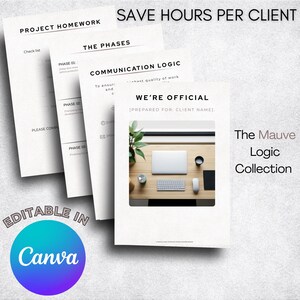 Könnte beinhalten: Eine Sammlung weißer Papierdokumente mit Text, darunter "PROJECT HOMEWORK", "THE PHASES" und "COMMUNICATION LOGIC". Das Bild zeigt auch einen Laptop, eine Tastatur und eine Maus auf einem Holztisch. Der Text lautet "SAVE HOURS PER CLIENT" und "The Mauve Logic Collection".