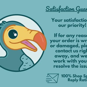 May include: A teal graphic featuring a cartoon dodo bird head in a circle next to the text Satisfaction Guarantee, Your satisfaction is our priority! If for any reason your order is wrong or damaged, please contact us, and 100% Shop Speedy Reply Rating.