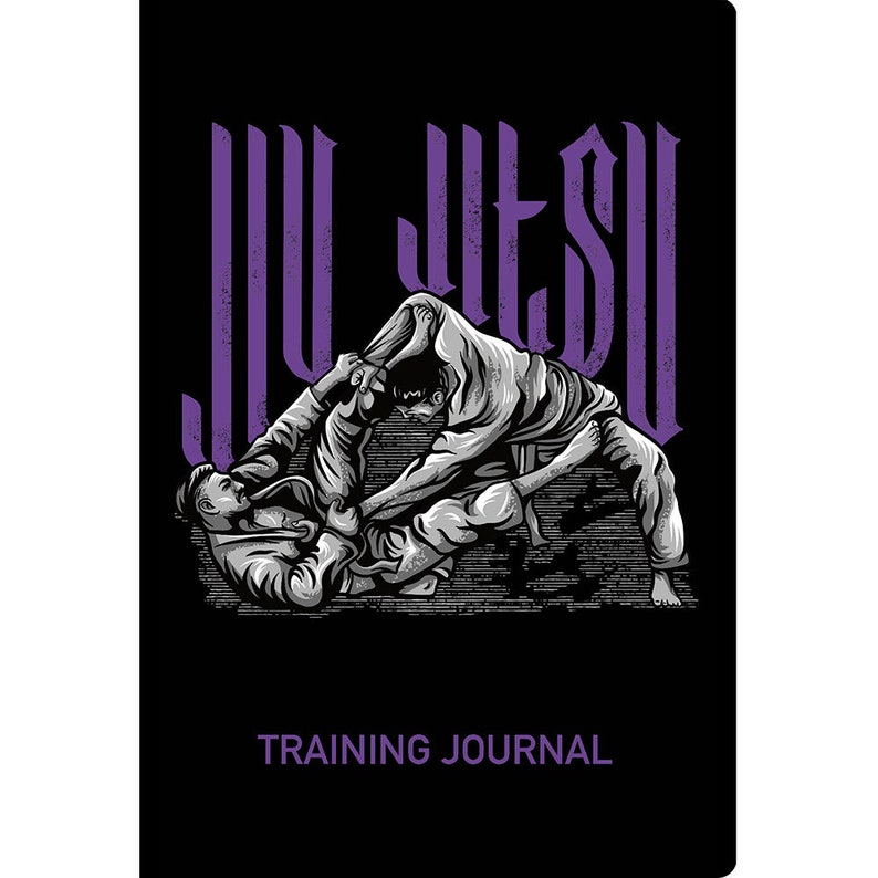 Puede incluir: Una ilustraci&oacute;n en blanco y negro de dos personas practicando Jiu-Jitsu. La imagen est&aacute; sobre un fondo negro con la palabra "Jiu-Jitsu" en letras moradas en la parte superior. El texto "TRAINING JOURNAL" est&aacute; en la parte inferior de la imagen.