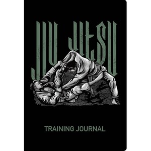 Puede incluir: Ilustraci&oacute;n en blanco y negro de dos personas practicando Jiu-Jitsu. El texto "Jiu-Jitsu" est&aacute; escrito en verde encima de la imagen. El texto "Training Journal" est&aacute; escrito en blanco debajo de la imagen.