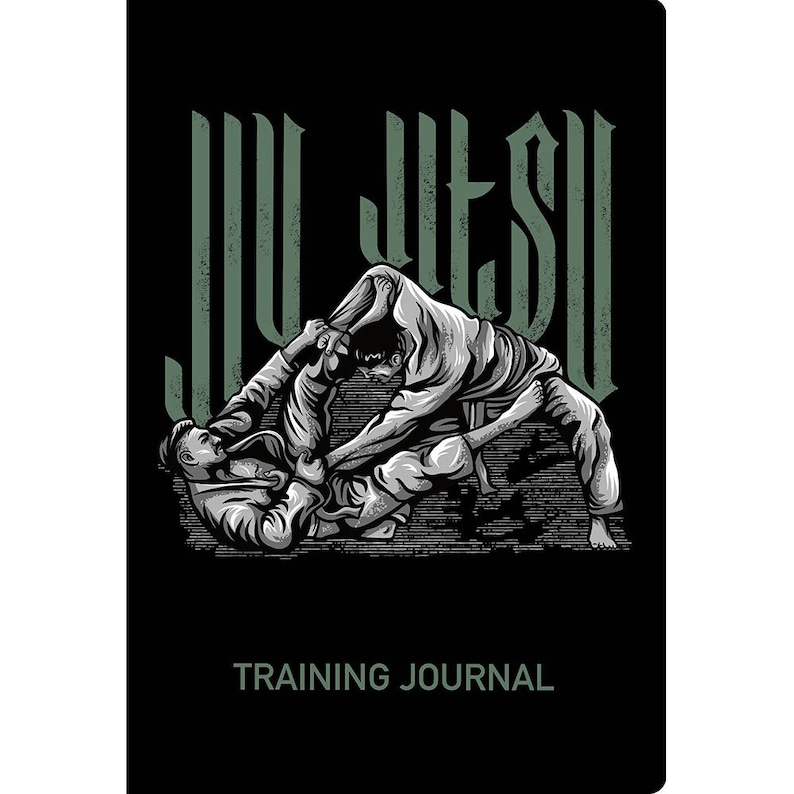 Puede incluir: Ilustraci&oacute;n en blanco y negro de dos personas practicando Jiu-Jitsu. El texto "Jiu-Jitsu" est&aacute; escrito en verde encima de la imagen. El texto "Training Journal" est&aacute; escrito en blanco debajo de la imagen.