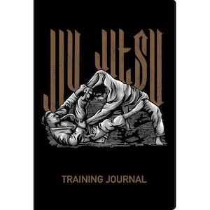 Puede incluir: Ilustraci&oacute;n en blanco y negro de dos personas practicando Jiu-Jitsu. La imagen est&aacute; sobre un fondo negro con la palabra "Jiu-Jitsu" en texto marr&oacute;n. El texto "Training Journal" est&aacute; en la parte inferior de la imagen.