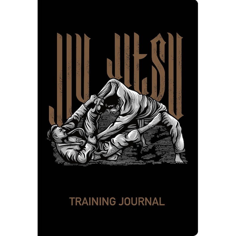 Puede incluir: Ilustraci&oacute;n en blanco y negro de dos personas practicando Jiu-Jitsu. La imagen est&aacute; sobre un fondo negro con la palabra "Jiu-Jitsu" en texto marr&oacute;n. El texto "Training Journal" est&aacute; en la parte inferior de la imagen.