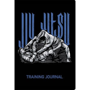 Puede incluir: Una ilustraci&oacute;n en blanco y negro de dos personas practicando Jiu-Jitsu. El texto "Jiu-Jitsu" est&aacute; escrito en azul sobre la ilustraci&oacute;n. El texto "Training Journal" est&aacute; escrito en blanco debajo de la ilustraci&oacute;n.