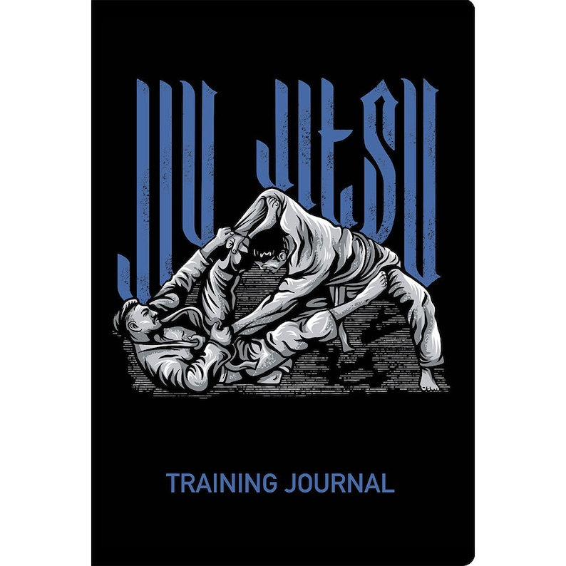 Puede incluir: Una ilustraci&oacute;n en blanco y negro de dos personas practicando Jiu-Jitsu. El texto "Jiu-Jitsu" est&aacute; escrito en azul sobre la ilustraci&oacute;n. El texto "Training Journal" est&aacute; escrito en blanco debajo de la ilustraci&oacute;n.