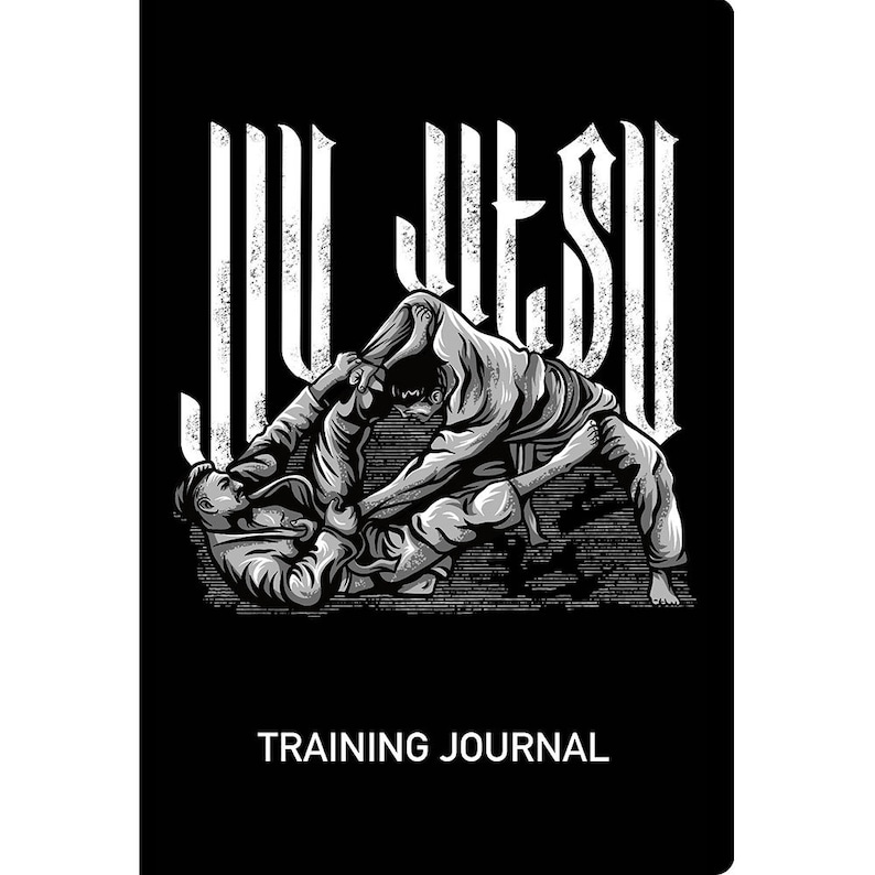 Puede incluir: Ilustraci&oacute;n en blanco y negro de dos personas practicando Jiu-Jitsu. El texto "Jiu-Jitsu" est&aacute; por encima de la ilustraci&oacute;n y "Training Journal" est&aacute; por debajo.