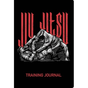 Puede incluir: Una ilustraci&oacute;n en blanco y negro de dos personas practicando Jiu-Jitsu. El texto "Jiu-Jitsu" est&aacute; en rojo y el texto "Training Journal" est&aacute; en rojo en la parte inferior de la imagen.