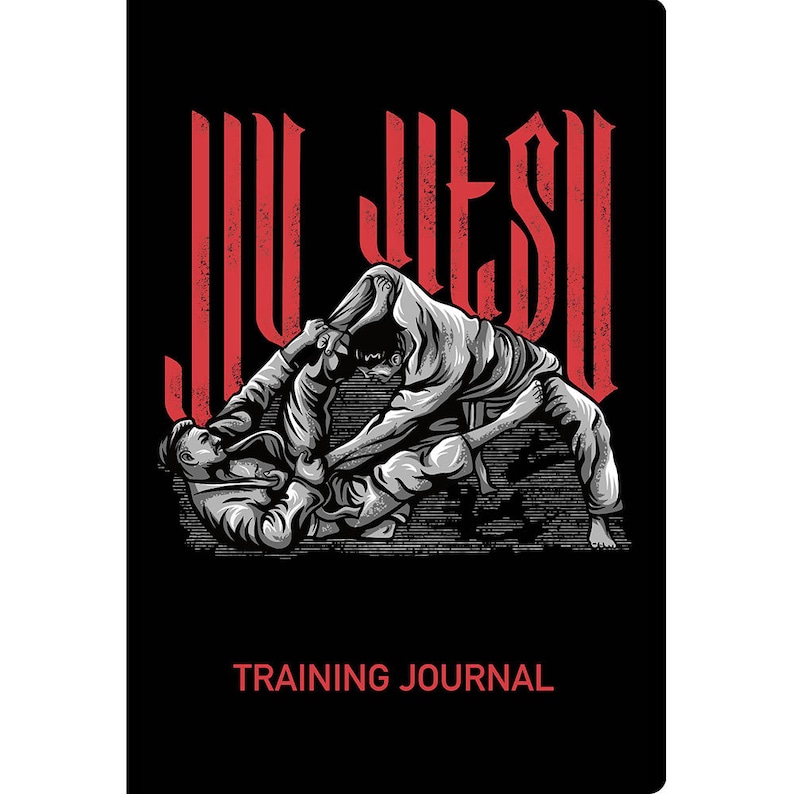 Puede incluir: Una ilustraci&oacute;n en blanco y negro de dos personas practicando Jiu-Jitsu. El texto "Jiu-Jitsu" est&aacute; en rojo y el texto "Training Journal" est&aacute; en rojo en la parte inferior de la imagen.