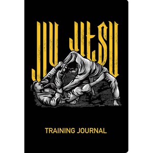 Puede incluir: Una ilustraci&oacute;n en blanco y negro de dos personas practicando Jiu-Jitsu. La imagen est&aacute; sobre un fondo negro con la palabra "Jiu-Jitsu" en letras amarillas en la parte superior. El texto "Training Journal" est&aacute; en la parte inferior de la imagen.