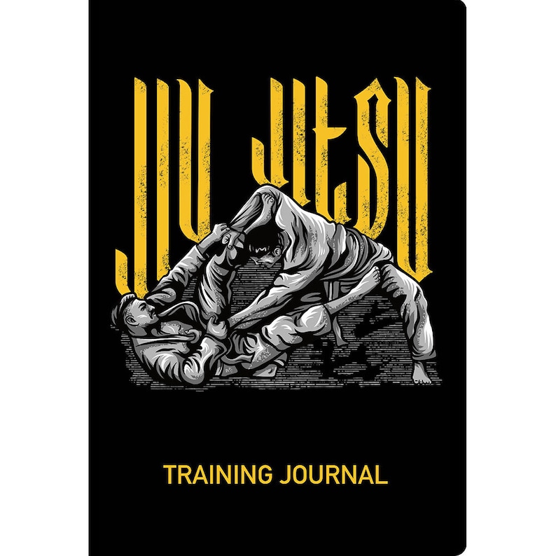 Puede incluir: Una ilustraci&oacute;n en blanco y negro de dos personas practicando Jiu-Jitsu. La imagen est&aacute; sobre un fondo negro con la palabra "Jiu-Jitsu" en letras amarillas en la parte superior. El texto "Training Journal" est&aacute; en la parte inferior de la imagen.