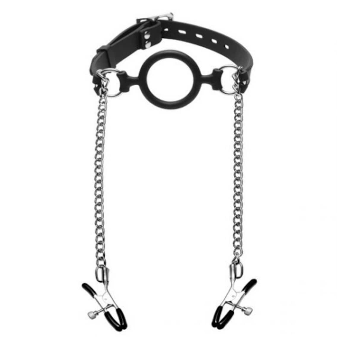 Silicone O Ring Gag With Nipple Clamps, Open Mouth Gag, Oring Gag