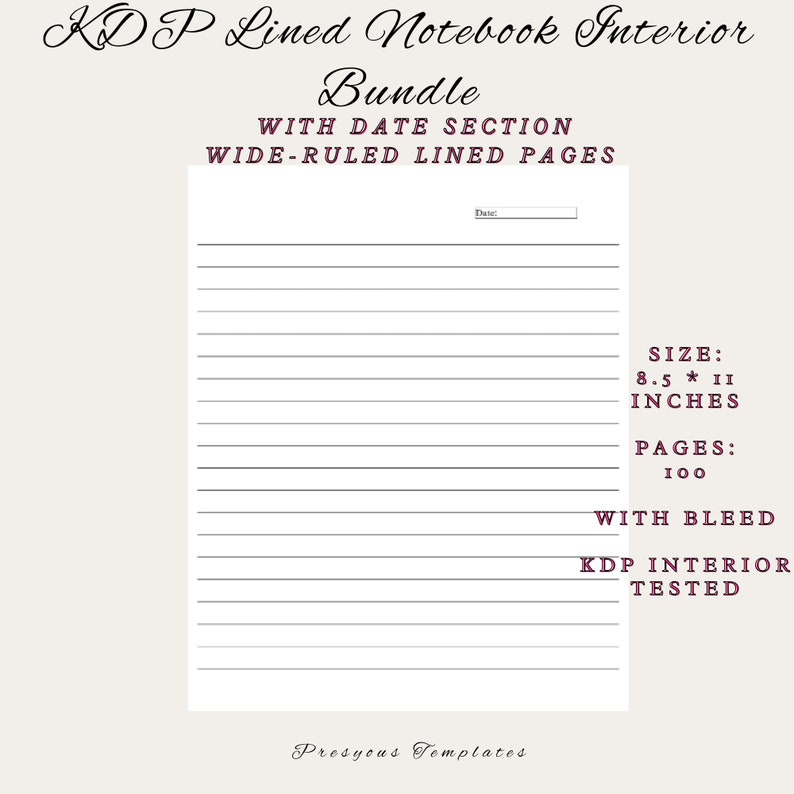 KDP Lined Notebook Interior Bundle With Date Section, 100 Pages, Size 8 ...