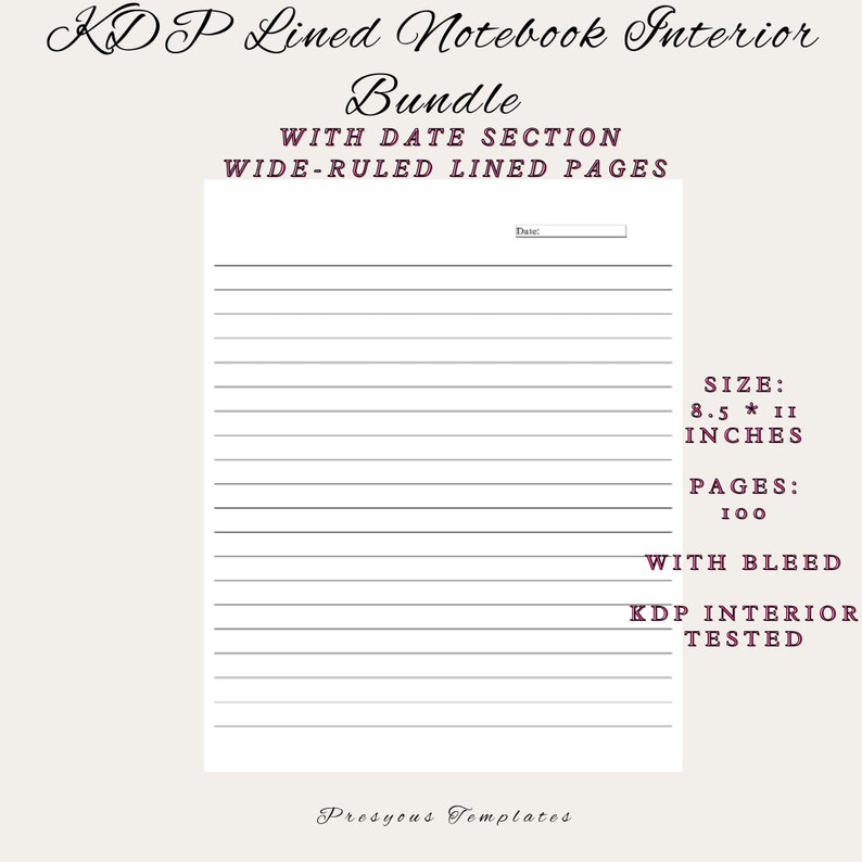 KDP Lined Notebook Interior Bundle with Date Section, 100 Pages, Size 8.511 Inches PDF File, Wide Ruled Lined Pages. image 1