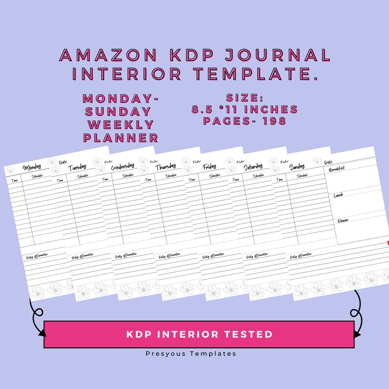 Amazon KDP Journal Interior Template. 198 Page Daily Journal, Daily Affirmation, Meal Planner, Hourly Schedule. image 1