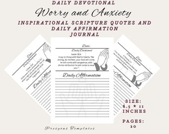 20 Page Printable Prayer Journal for Worry and Anxiety, Size 8.5*11. Prayer and Devotional Dairy, 20 Devotional Bible Verses included.