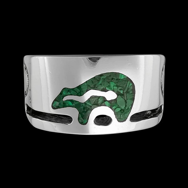 R78 - Bague tribal ours en argent sterling de 8,75 à 925 incrustations de malachite