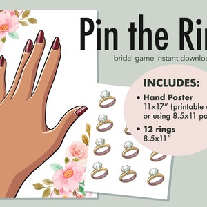 Tan Skin Pin the Ring on the Finger Bridal Shower Engagement Party Game, Printable Pin the Diamond, Floral Party Shower Bridal Ring Game