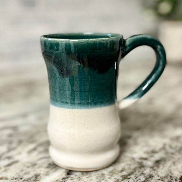 Ceramic Handmade Green and White Mug, Mug Housewarming Gift Kitchen Drinkware, Tall Mug Cup Green Two Tone, 10oz Mug for Coffee