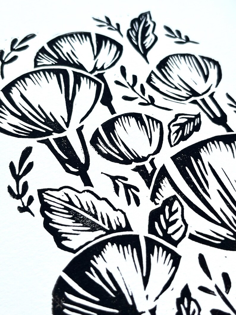 Floral Black and White Framed Linocut Flower Decor for Home Office Wall