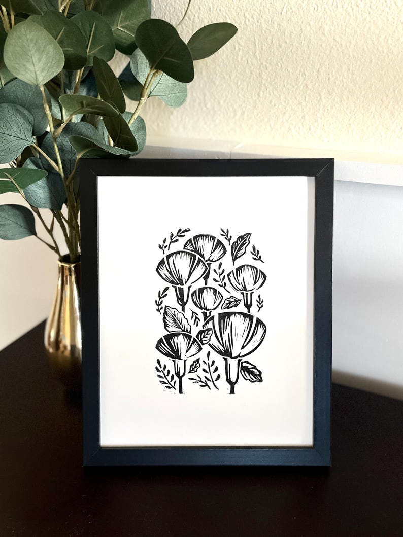 Floral Black and White Framed Linocut Flower Decor for Home Office Wall