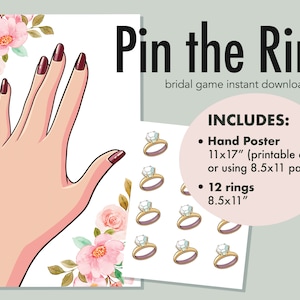 Light Skin Pin the Ring on the Finger Bridal Shower Engagement Party Game, Printable Pin the Diamond, Floral Party Shower Bridal Ring Game